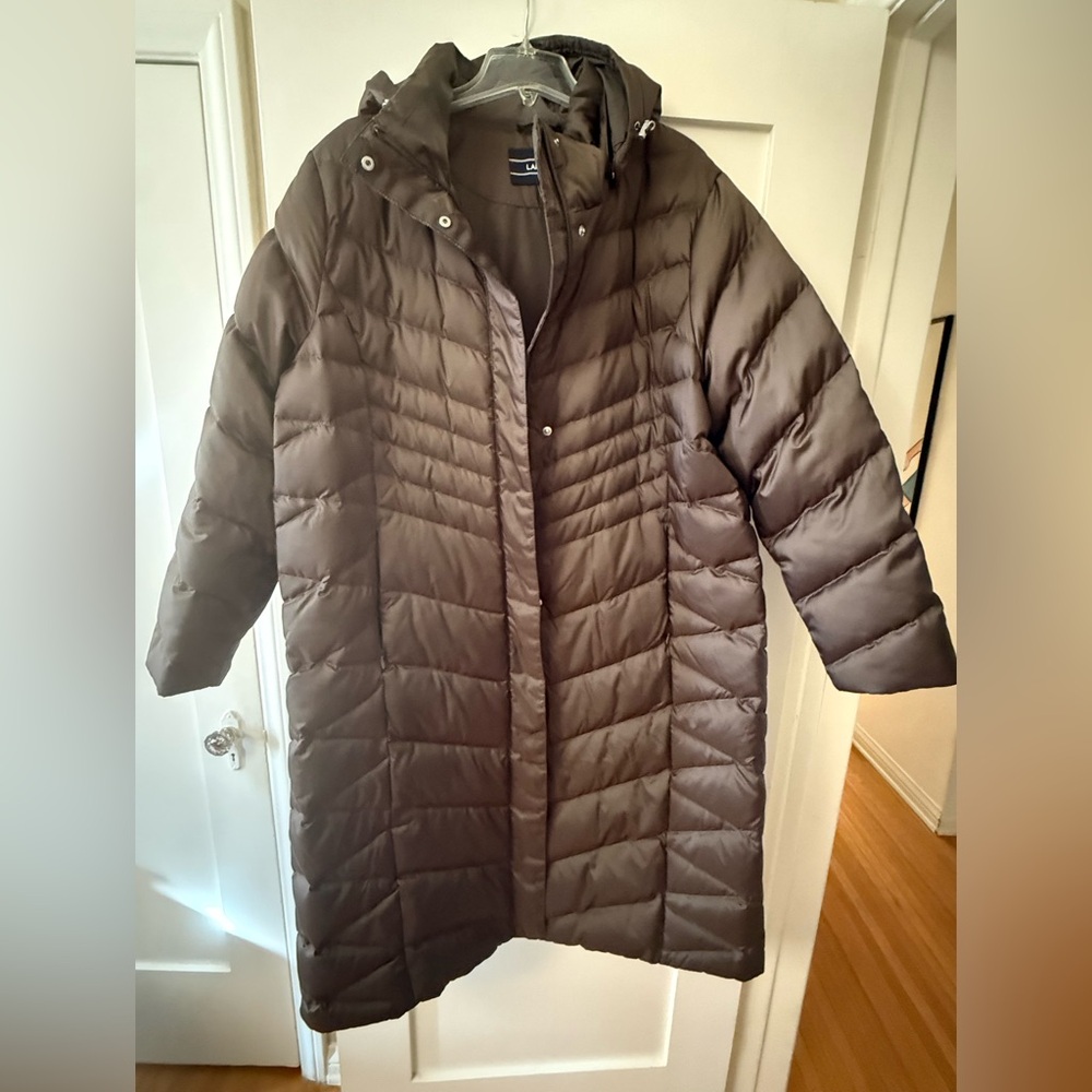 Lands End Women's Chocolate Brown Long Down Puffer Coat With Hood - Size 2X.